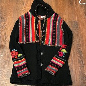 Black Hooded Knit Cardigan with Colorful Stripes & Floral Embroidery